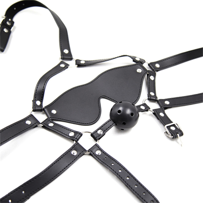 Palla di pelle copertura per gli occhi copricapo maschera per gli occhi imbracatura bocca aperta BDSM schiavitù